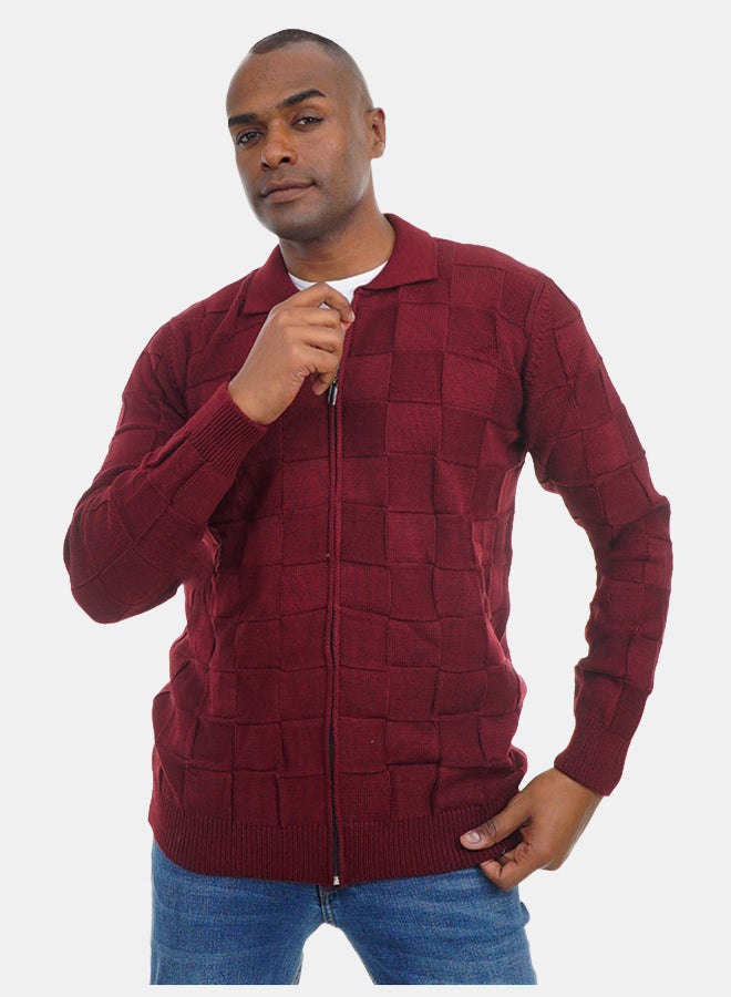 FIRE WOOD FireWood Zipper Knit Cardigan Long Sleeve Soft Knit Fabric For Men- Wine Red - Image 1